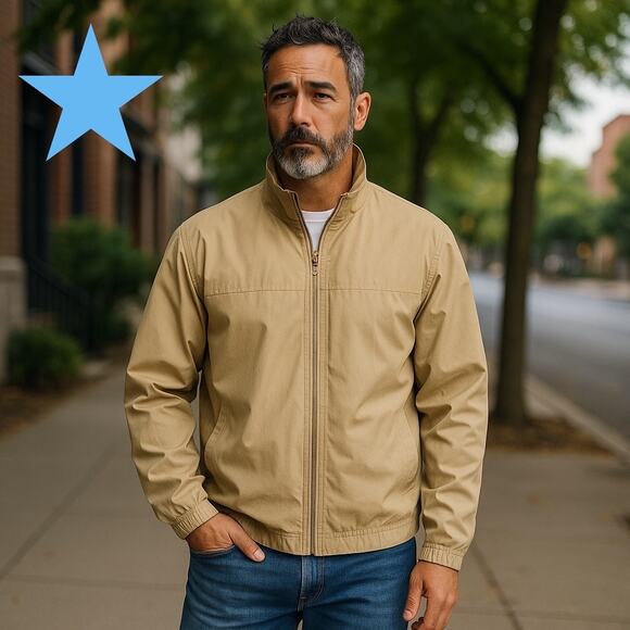 Timberland Khaki Tan Logo Fall Lightweight CASUAL Twill JACKET Mens XL - Picture 3 of 11